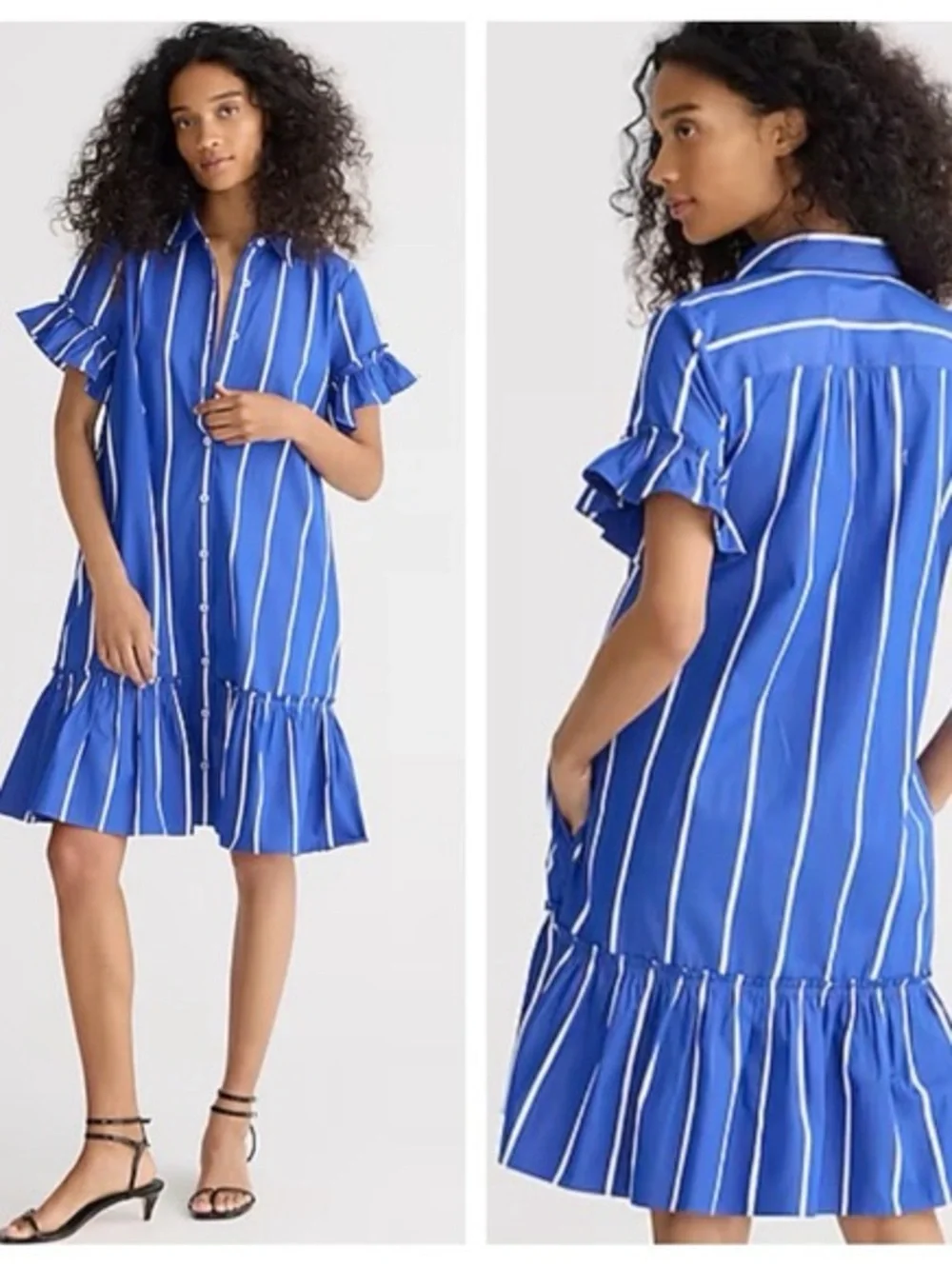 J. Crew “Amelia” Royal Blue & White Striped Button-Front Ruffle Dress